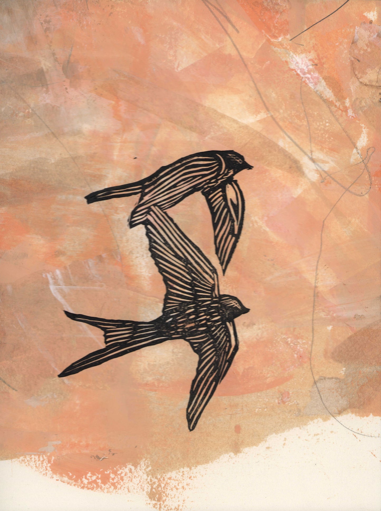 swallows, mixed media