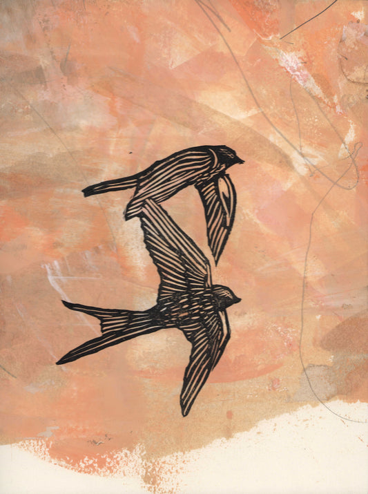 swallows, mixed media