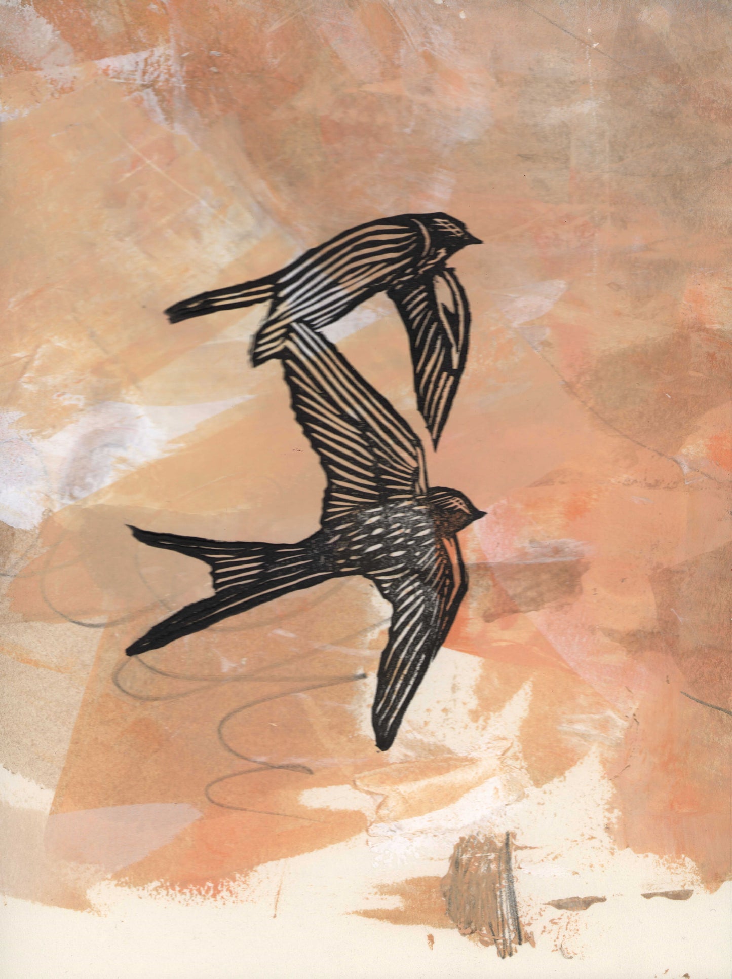 swallows, mixed media