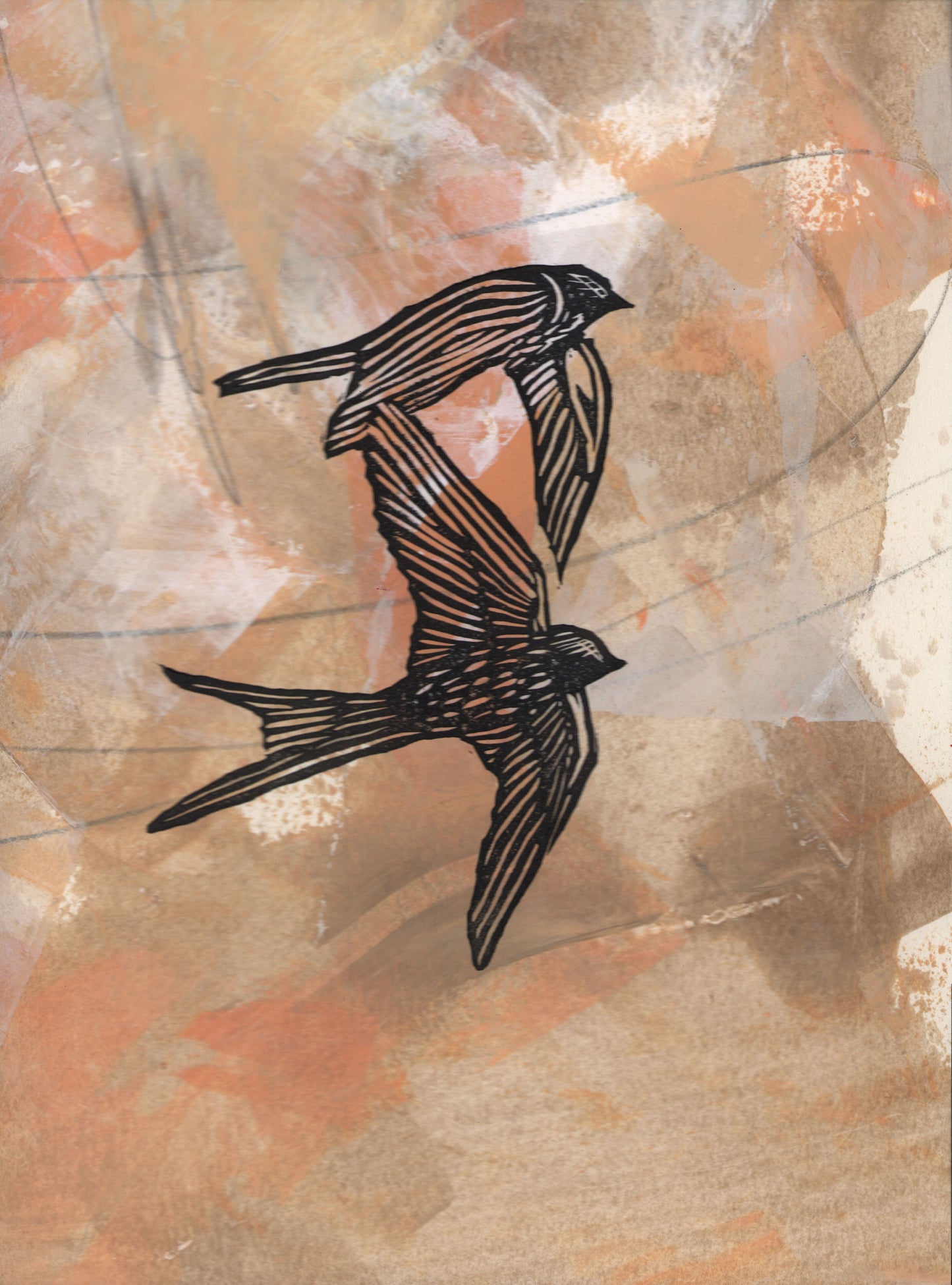 swallows, mixed media