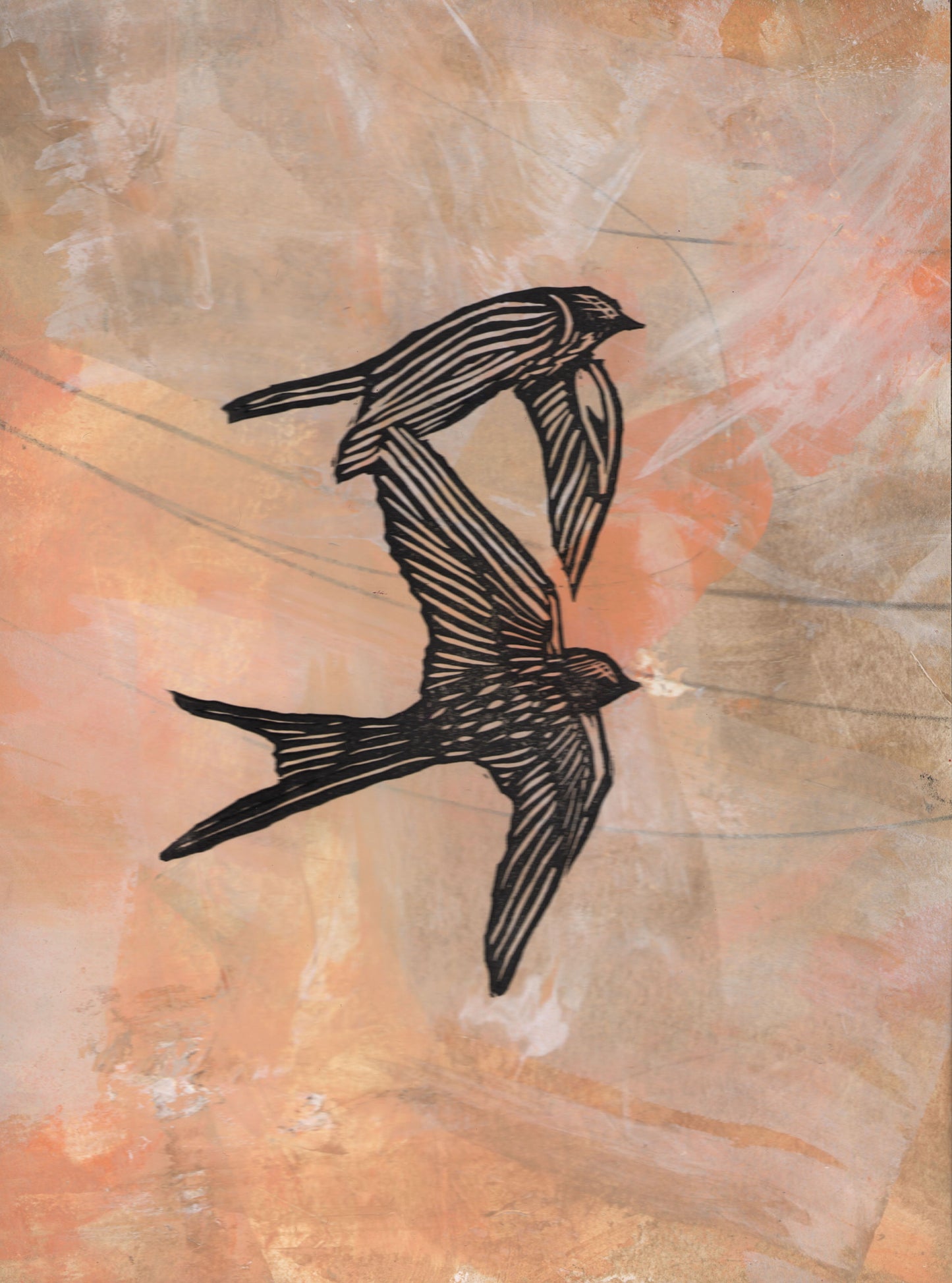 swallows, mixed media