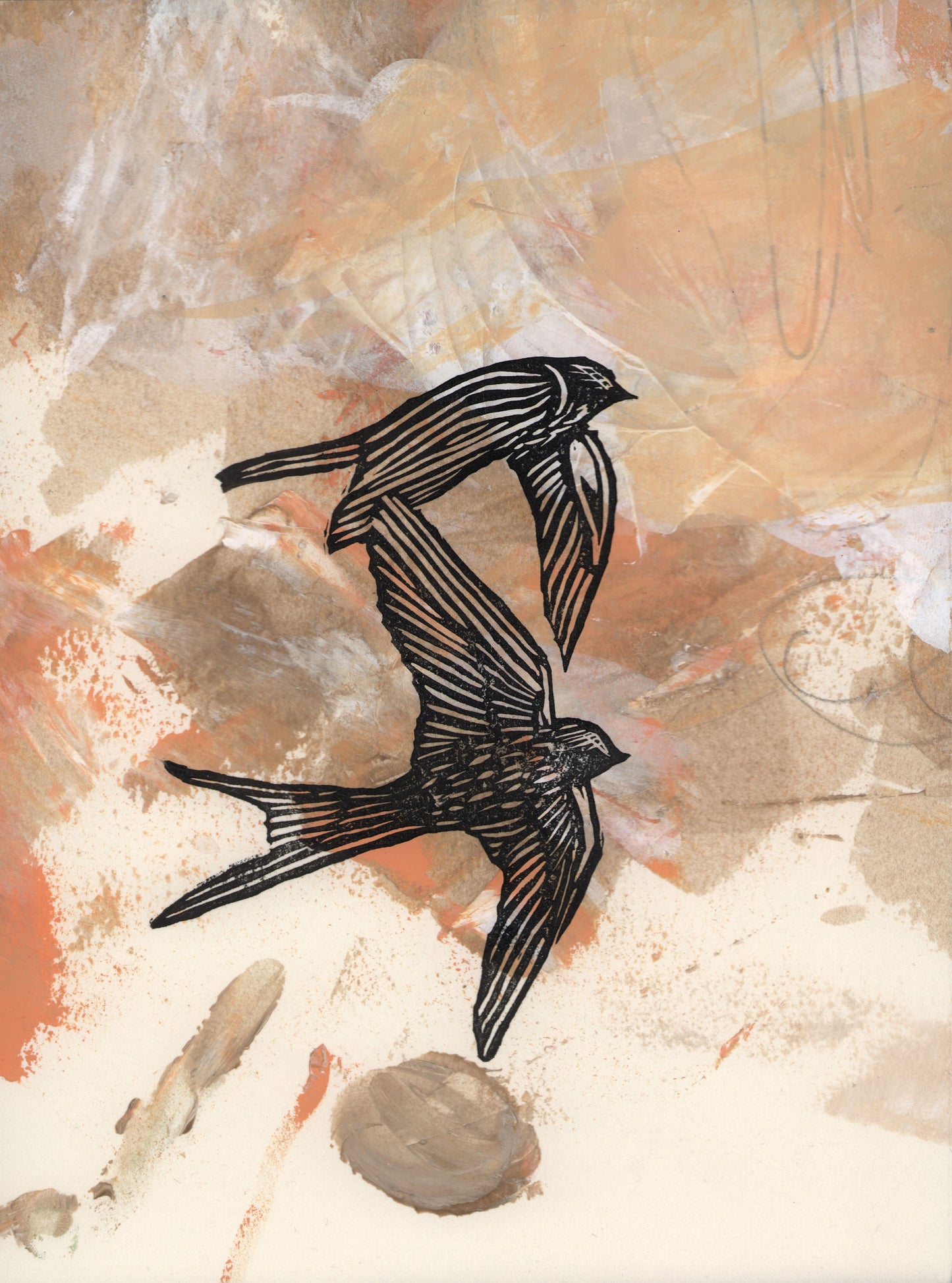 swallows, mixed media